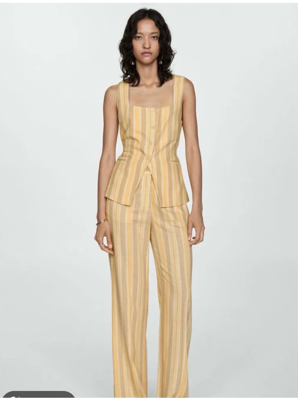 Mango Yellow Linen Striped Wide-Leg Trousers with Matching Vest